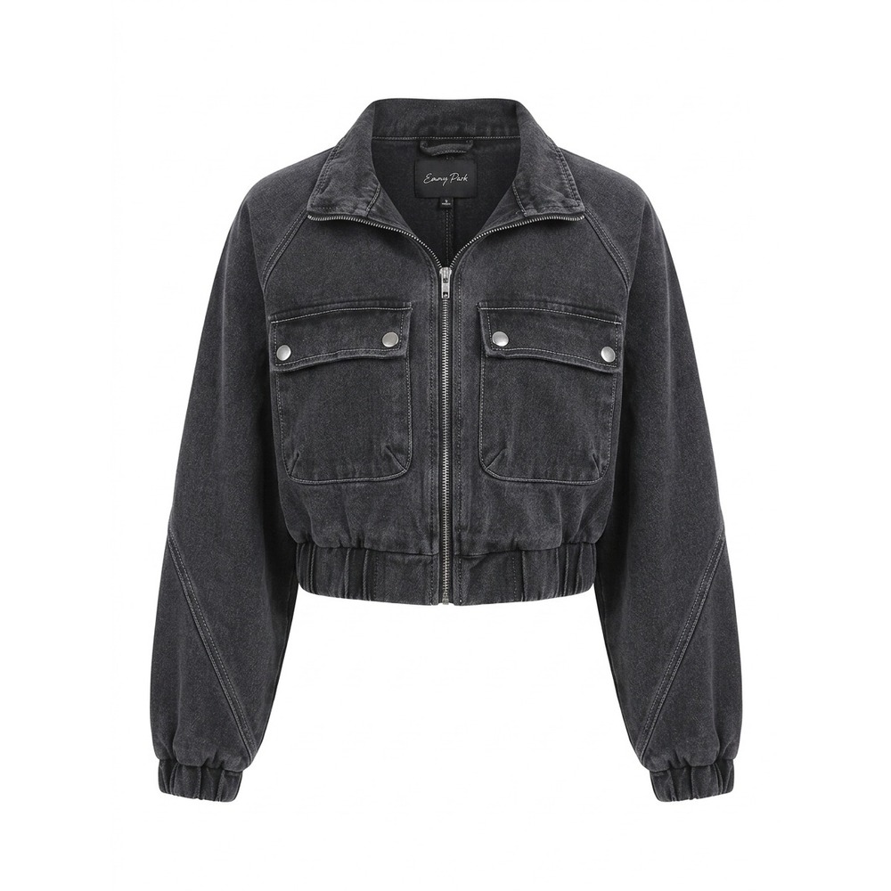 Emory‎ Park Womens Cropped Denim Bomber Jacket Washed Black Zip Up Utility Small